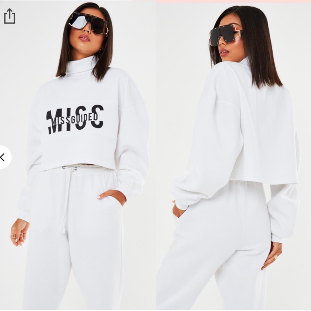 Missguided White High Roll Neck Logo Crop Top
